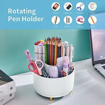 Marbrasse Desk Organizer, 360-Degree Rotating Pen Holder for Desk, Desk Organizers and Accessories with 5 Compartments Pencil Organizer, Art Supply Storage Box Caddy for Office, Home （White）