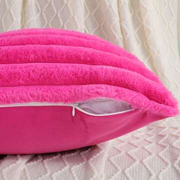 FUTEI Hot Pink Striped Decorative Throw Pillow Covers 20x20 Inch Set of 2,Square Spring Decorations Couch Pillow Case,Soft Cozy Faux Rabbit Fur & Velvet Back,Modern Home Decor for Bed