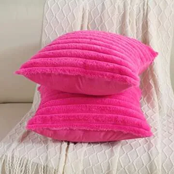 FUTEI Hot Pink Striped Decorative Throw Pillow Covers 20x20 Inch Set of 2,Square Spring Decorations Couch Pillow Case,Soft Cozy Faux Rabbit Fur & Velvet Back,Modern Home Decor for Bed