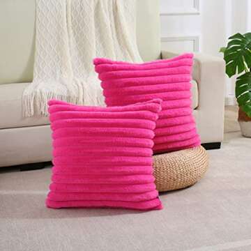 FUTEI Hot Pink Striped Decorative Throw Pillow Covers 20x20 Inch Set of 2,Square Spring Decorations Couch Pillow Case,Soft Cozy Faux Rabbit Fur & Velvet Back,Modern Home Decor for Bed