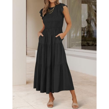 ZESICA Women's Summer Casual Flutter Midi Dress in Black