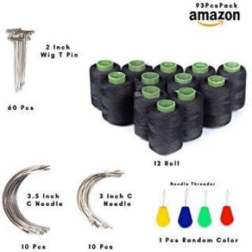 93 Pcs Hair Weave Sewing Needle and Thread Set, 12 Hair Sewing Black Thread,60 Wig T Pins, 20 C Curved Needles and Needle Threader for Wig Making, Blocking Knitting,Modelling and Crafts