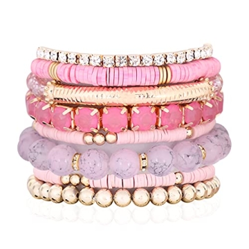 RIAH FASHION Multi Color Stretch Beaded Stackable Bracelets - Layering Bead Strand Statement Wrap Ba...