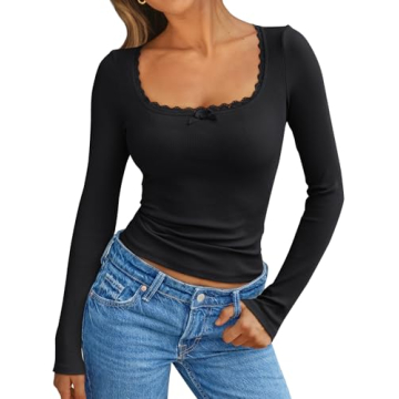 Trendy Queen Women's Long Sleeve Crop Square Neck Ribbed Top - Y2K Style for Fall & Winter 2025 - Bl...