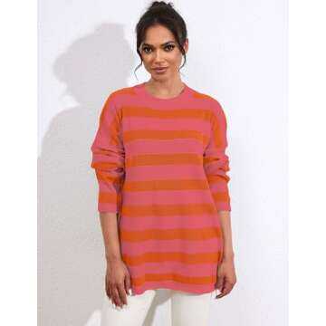 Ziesexy Striped Sweater Women Ribbed Knit Oversized Pullover Sweater Long Sleeve Crewneck Color Block Fall Tunic Sweater Top Orange Red