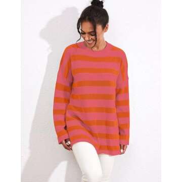 Ziesexy Striped Sweater Women Ribbed Knit Oversized Pullover Sweater Long Sleeve Crewneck Color Block Fall Tunic Sweater Top Orange Red