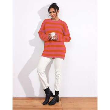 Ziesexy Striped Sweater Women Ribbed Knit Oversized Pullover Sweater Long Sleeve Crewneck Color Block Fall Tunic Sweater Top Orange Red