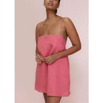 Womens Summer Cotton Linen Spaghetti Strap Mini Dresses Backless Sleeveless Beach Vacation Short Sundress (Small,Rose red)