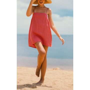 Womens Summer Cotton Linen Spaghetti Strap Mini Dresses Backless Sleeveless Beach Vacation Short Sundress (Small,Rose red)