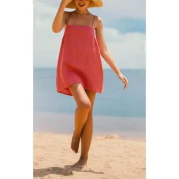 Womens Summer Cotton Linen Spaghetti Strap Mini Dresses Backless Sleeveless Beach Vacation Short Sundress (Small,Rose red)