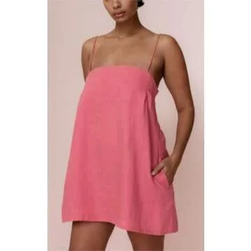 Womens Summer Cotton Linen Spaghetti Strap Mini Dresses Backless Sleeveless Beach Vacation Short Sundress (Small,Rose red)