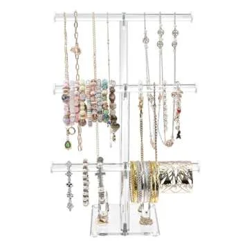Ikee Design 3-Tier Acrylic Bracelet Necklace Bangle Jewelry Display Holder Stand with Ring Holder for Store, Tradeshow, Showcase and Home decor, Clear, 10 W x 6 1/4 D x 15 H in