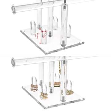 Ikee Design 3-Tier Acrylic Bracelet Necklace Bangle Jewelry Display Holder Stand with Ring Holder for Store, Tradeshow, Showcase and Home decor, Clear, 10 W x 6 1/4 D x 15 H in