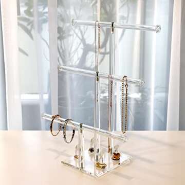 Ikee Design 3-Tier Acrylic Bracelet Necklace Bangle Jewelry Display Holder Stand with Ring Holder for Store, Tradeshow, Showcase and Home decor, Clear, 10 W x 6 1/4 D x 15 H in