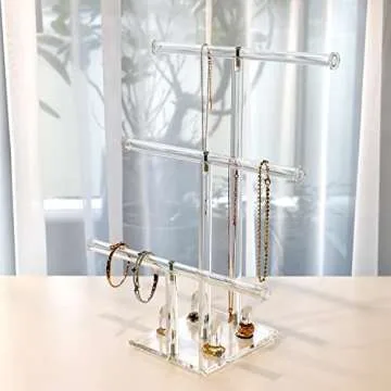 Ikee Design 3-Tier Acrylic Bracelet Necklace Bangle Jewelry Display Holder Stand with Ring Holder for Store, Tradeshow, Showcase and Home decor, Clear, 10 W x 6 1/4 D x 15 H in