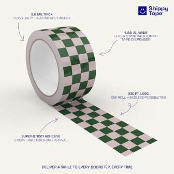 Checkerboard Pattern Packing and Shipping Tape for Small Business, Pink Dark Green Checkered Decorative Printed Packaging Tape, 1.88" x 110 Yards (330 feet)