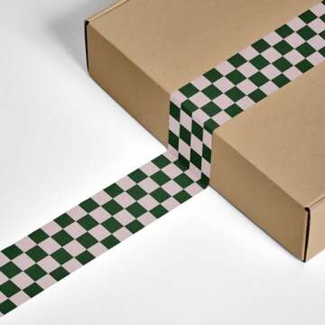 Checkerboard Pattern Packing and Shipping Tape for Small Business, Pink Dark Green Checkered Decorative Printed Packaging Tape, 1.88" x 110 Yards (330 feet)