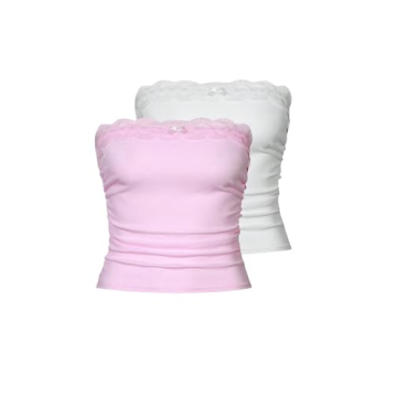 Milumia Women's 2 Pack Rib Knit Lace Trim Crop Tube Tops Ruched Strapless Bandeau Tank Tops Pink and...