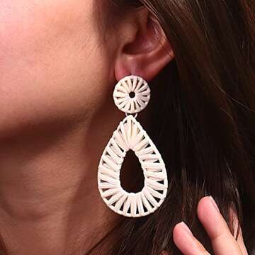 Boho Raffia Earrings Statement Teardrop Earrings Drop Dangle Bohemian Earrings for Women Cute Handmade Earring(Ivory)