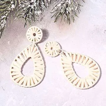 Boho Raffia Earrings Statement Teardrop Earrings Drop Dangle Bohemian Earrings for Women Cute Handmade Earring(Ivory)