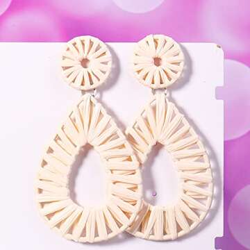 Boho Raffia Earrings Statement Teardrop Earrings Drop Dangle Bohemian Earrings for Women Cute Handmade Earring(Ivory)