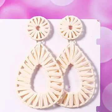Boho Raffia Earrings Statement Teardrop Earrings Drop Dangle Bohemian Earrings for Women Cute Handmade Earring(Ivory)