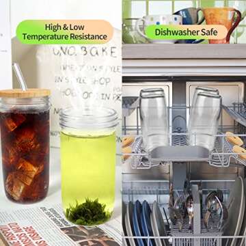4 Pack Glass Cups Set - 24oz Mason Jar with Bamboo Lids and Glass Straw & 12 Airtight Lids, Brush - Glass Drinking Cups, Reusable Travel Tumbler Bottle for Iced Coffee, Smoothie, Bubble Tea, Gift