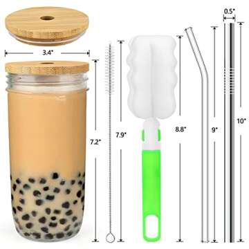 4 Pack Glass Cups Set - 24oz Mason Jar with Bamboo Lids and Glass Straw & 12 Airtight Lids, Brush - Glass Drinking Cups, Reusable Travel Tumbler Bottle for Iced Coffee, Smoothie, Bubble Tea, Gift