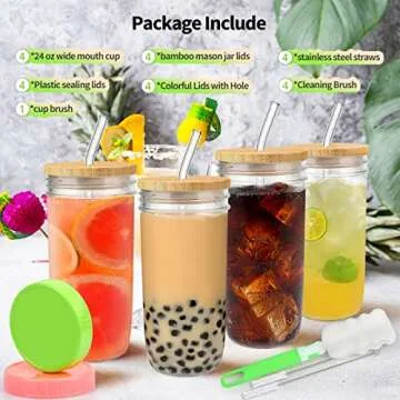 4 Pack Glass Cups Set - 24oz Mason Jar with Bamboo Lids and Glass Straw & 12 Airtight Lids, Brush - Glass Drinking Cups, Reusable Travel Tumbler Bottle for Iced Coffee, Smoothie, Bubble Tea, Gift