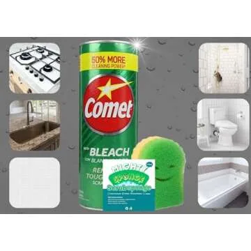 Mighty Sponge + Two-21 Oz Comet Powder Cleanser with Bleach, for Scratch Free Cleaning of Sinks and Surfaces, Multipurpose Cleaner, Bathroom, Kitchen 2pk