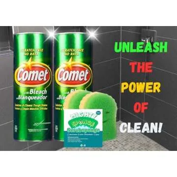 Mighty Sponge + Two-21 Oz Comet Powder Cleanser with Bleach, for Scratch Free Cleaning of Sinks and Surfaces, Multipurpose Cleaner, Bathroom, Kitchen 2pk