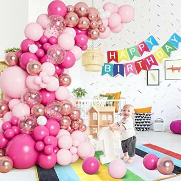 DBKL Pink Balloon Garland Arch Kit with Different Size Hot Pink White Metallic Rose Gold Confetti Balloons for Birthday Princess Theme Baby Shower Wedding Valentine's Party Decorations