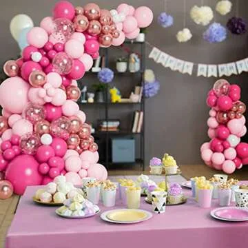 DBKL Pink Balloon Garland Arch Kit with Different Size Hot Pink White Metallic Rose Gold Confetti Balloons for Birthday Princess Theme Baby Shower Wedding Valentine's Party Decorations
