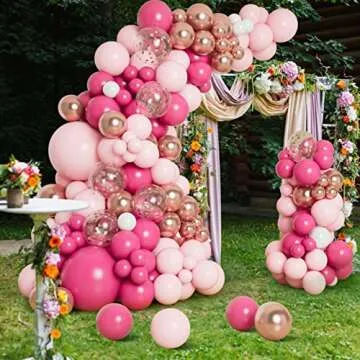 DBKL Pink Balloon Garland Arch Kit with Different Size Hot Pink White Metallic Rose Gold Confetti Balloons for Birthday Princess Theme Baby Shower Wedding Valentine's Party Decorations