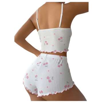 SHENHE Women's Cute Cherry Print Pajamas Crop Cami and Shorts Lettuce Trim Pj Lounge Set White Mediu...
