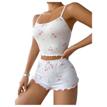 SHENHE Women's Cute Cherry Print Pajamas Crop Cami and Shorts Lettuce Trim Pj Lounge Set White Medium