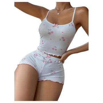 SHENHE Women's Cute Cherry Print Pajamas Crop Cami and Shorts Lettuce Trim Pj Lounge Set White Medium