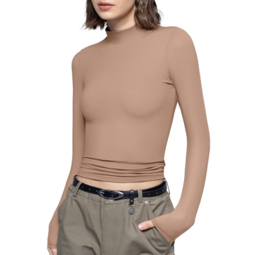 PUMIEY Women's Mock Neck Slim Fit Long Sleeve T-Shirt - Elegant & Comfortable