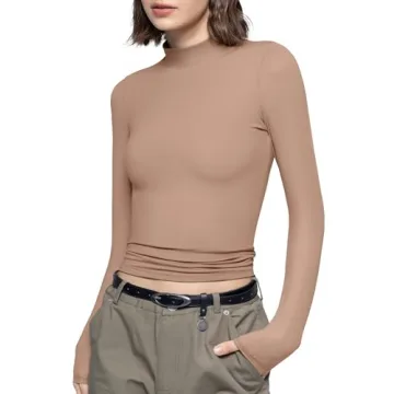 PUMIEY Women's Mock Neck Slim Fit Long Sleeve T-Shirt - Elegant & Comfortable