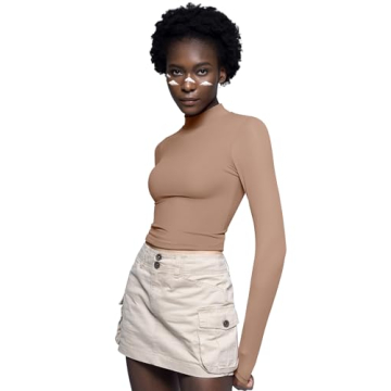 PUMIEY Women's Mock Neck Slim Fit Long Sleeve T-Shirt