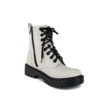 Soda FIRM - Lug Sole Combat Ankle Bootie Lace up w/Side Zipper (White, numeric_8)