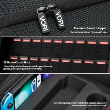 Switch Case, VORI Switch Carrying Case for Nintendo Switch and Switch OLED Model, Portable Full Protection Hard Shell Travel Storage Bag for Switch Console Pro Controller Accessories, Black