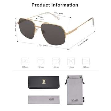 SOJOS Trendy Aviator Sunglasses Mens Womens Retro Double Bridge Metal Frame Semi-Rimless Shades Lentes De Sol Para Mujer SJ1191 Gold