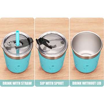 Tiblue Kids & Toddler Cups, Spill Proof Stainless Steel Smoothie Tumblers with Leak Proof Lids, Silicone Straw with Stopper & Sleeve, BPA FREE Snack Cup for Baby Girls Boys(4 Pack, 8oz Multicolor)