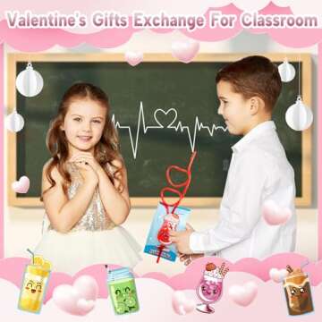Valentines Day Gifts for Kids Classroom - 32 PACK Crazy Loop Reusable Drinking Straws with Unique Va...