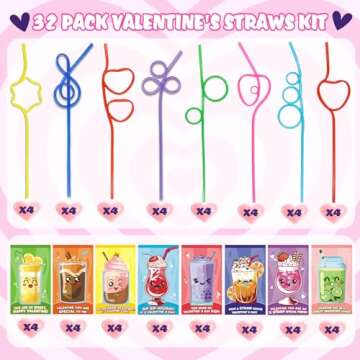Valentine's Day Gifts for Kids - 32 Pack Crazy Straws and Cards