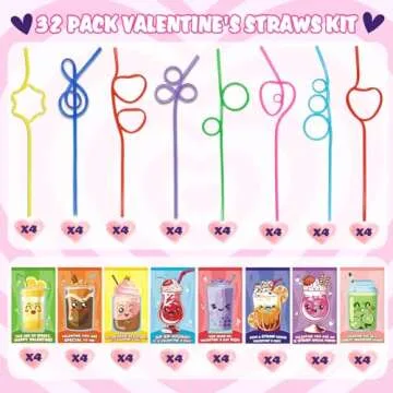 Valentine's Day Gifts for Kids - 32 Pack Crazy Straws and Cards