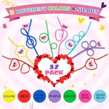 Valentine's Day Gifts for Kids - 32 Pack Crazy Straws and Cards