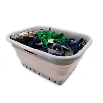 SAMMART 41L Collapsible Plastic Laundry Basket - Foldable Pop Up Storage Container/Organizer - Portable Washing Tub - Space Saving Hamper/Basket (3 handled rectangular, Grey/Pink)
