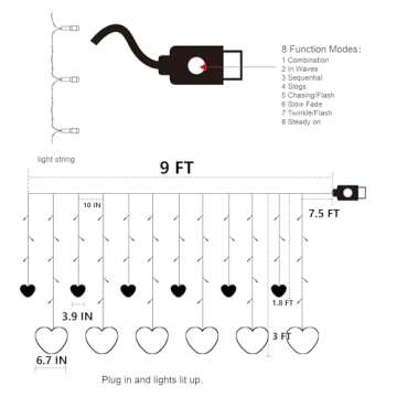 Dazzle Bright Valentines Day Lights, 138LED 9FT 12Heart Curtain String Lights with Remote 8 Modes, U...